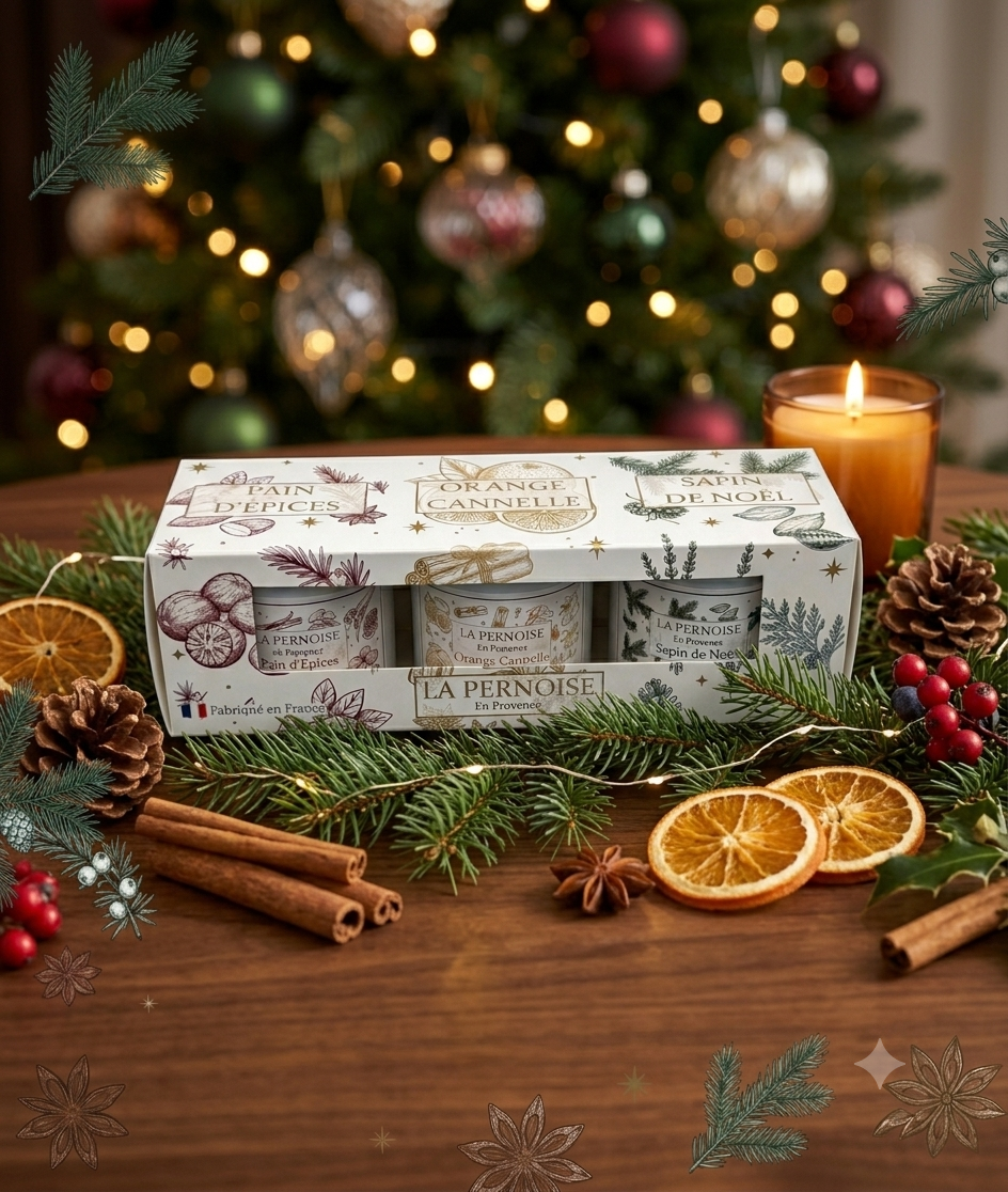Coffret Trilogie de Noël : trois bougies artisanales en cire végétale, alternative au calendrier de l'Avent
