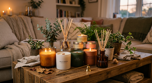 familles olfactives parfum d'intérieur dans un salon confortable.
