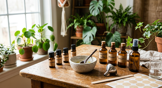 spray d'ambiance DIY sur un bureau avec des ingrédients naturels
