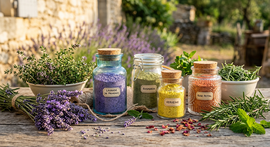 poudres parfumées Provence dans des jarres élégantes avec des fleurs de lavande.